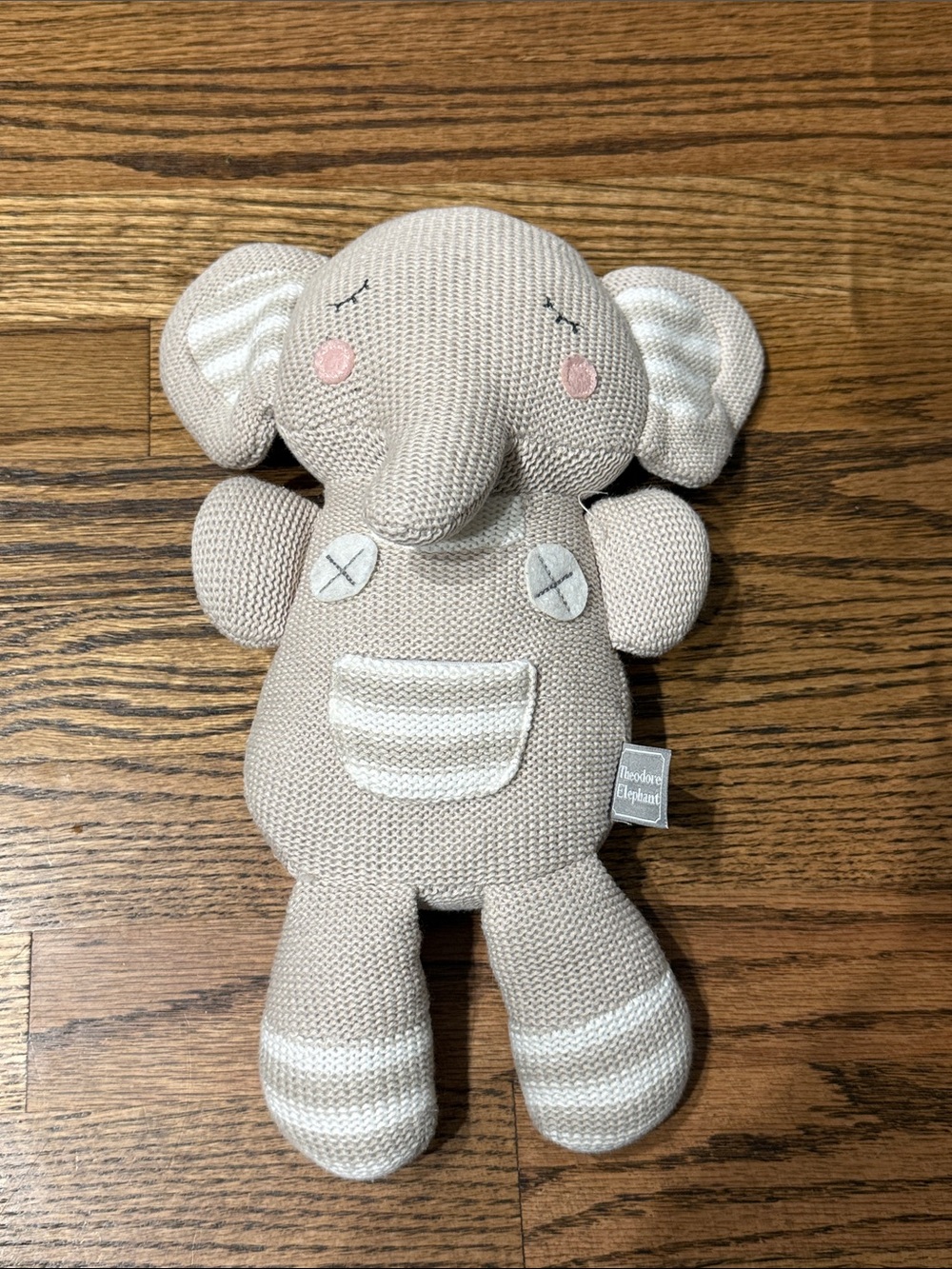 Living Textiles Grey White Theodore Elephant Knit Plush Baby Toy Rattle 15"